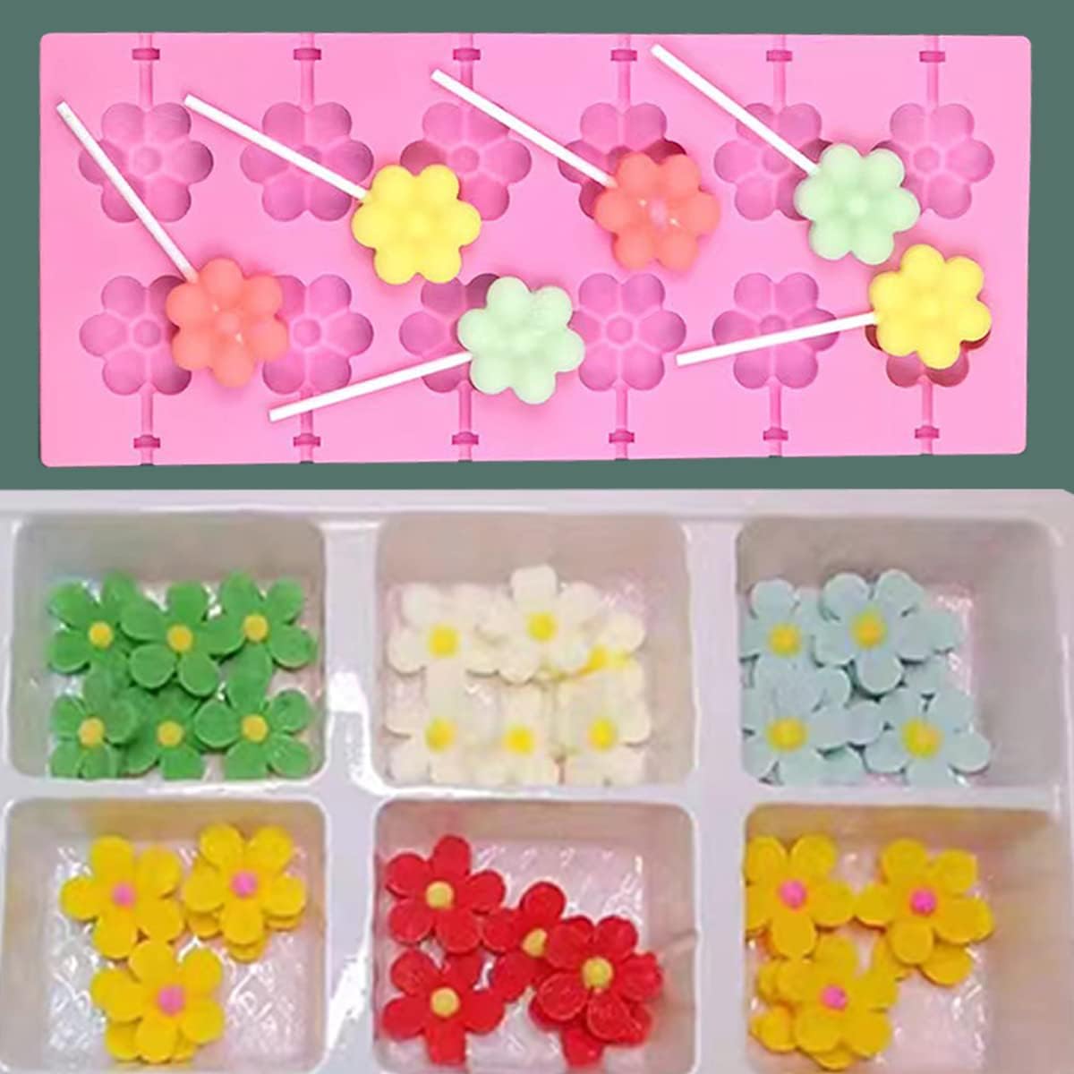 12 Capacity Silicone Lollipop Mold Set, Sucker Molds and Chocolate Hard Candy Mold with 50pcs Lollipop Sucker Sticks, Candy Treat Bags, Gold Ties. (Flower)