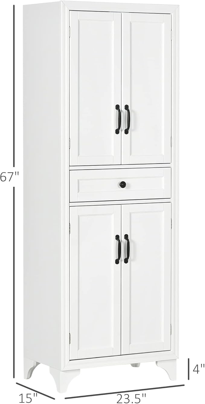 HOMCOM 67" Tall Freestanding Kitchen Pantry Cabinet, 4-Door Storage Cabinet with Drawer and Adjustable Shelves for Dining Room, White