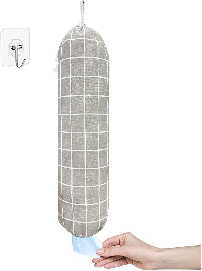 SYIPO Plastic Bag Holder, Wall Mount Organizer, Shopping Bags Carrier, Washable Large Grocery Storage Dispenser for Home Kitchen Travelling, Free Adjustment with Drawstring (Check Gray)