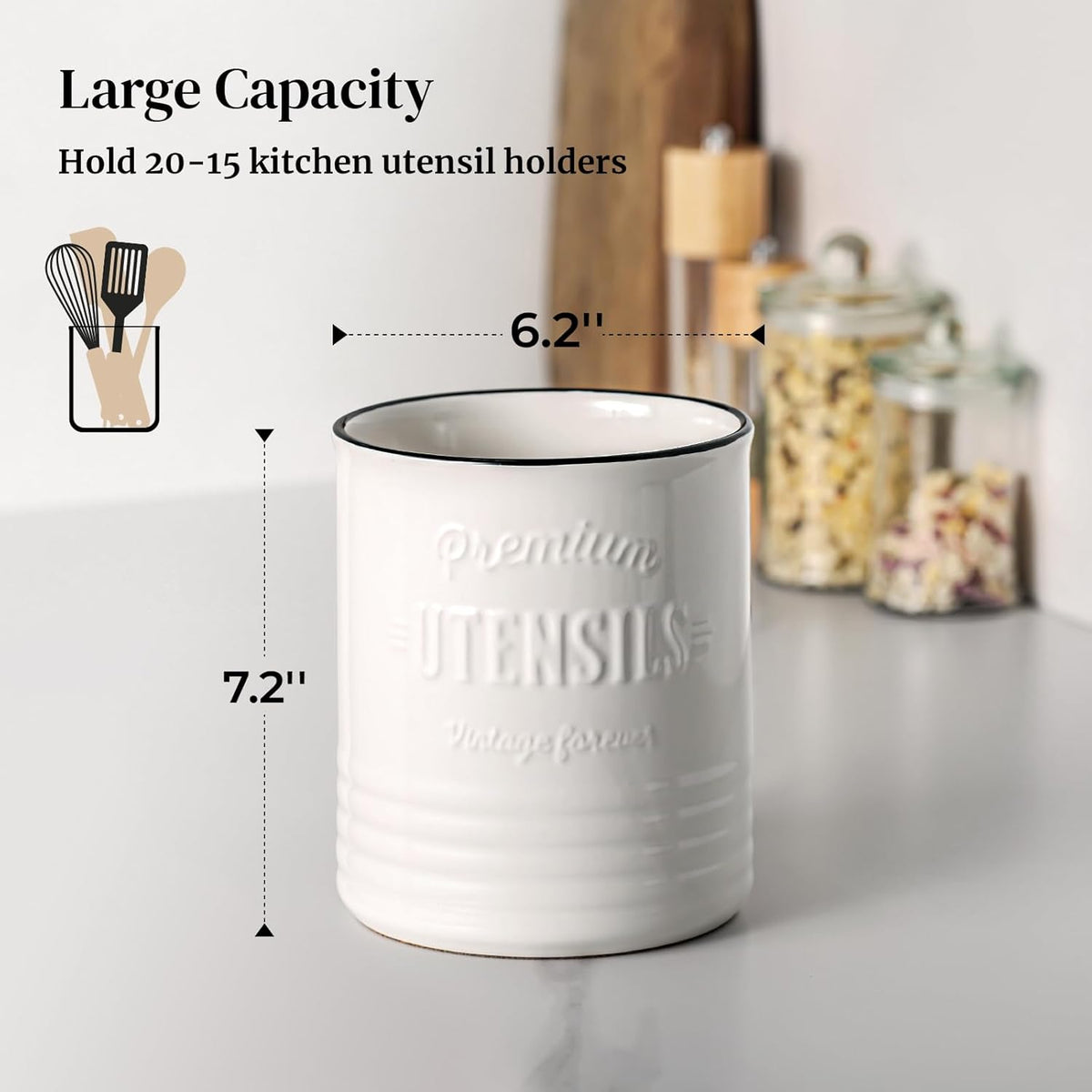 DOWAN 3 Compartment Kitchen Utensil Holder, 7.2″ Extra-Large Ceramic Stable Utensil Caddy, Rustic Cooking Utensil Crock for Farmhouse Kitchen Décor, Utensil Holder for Countertop