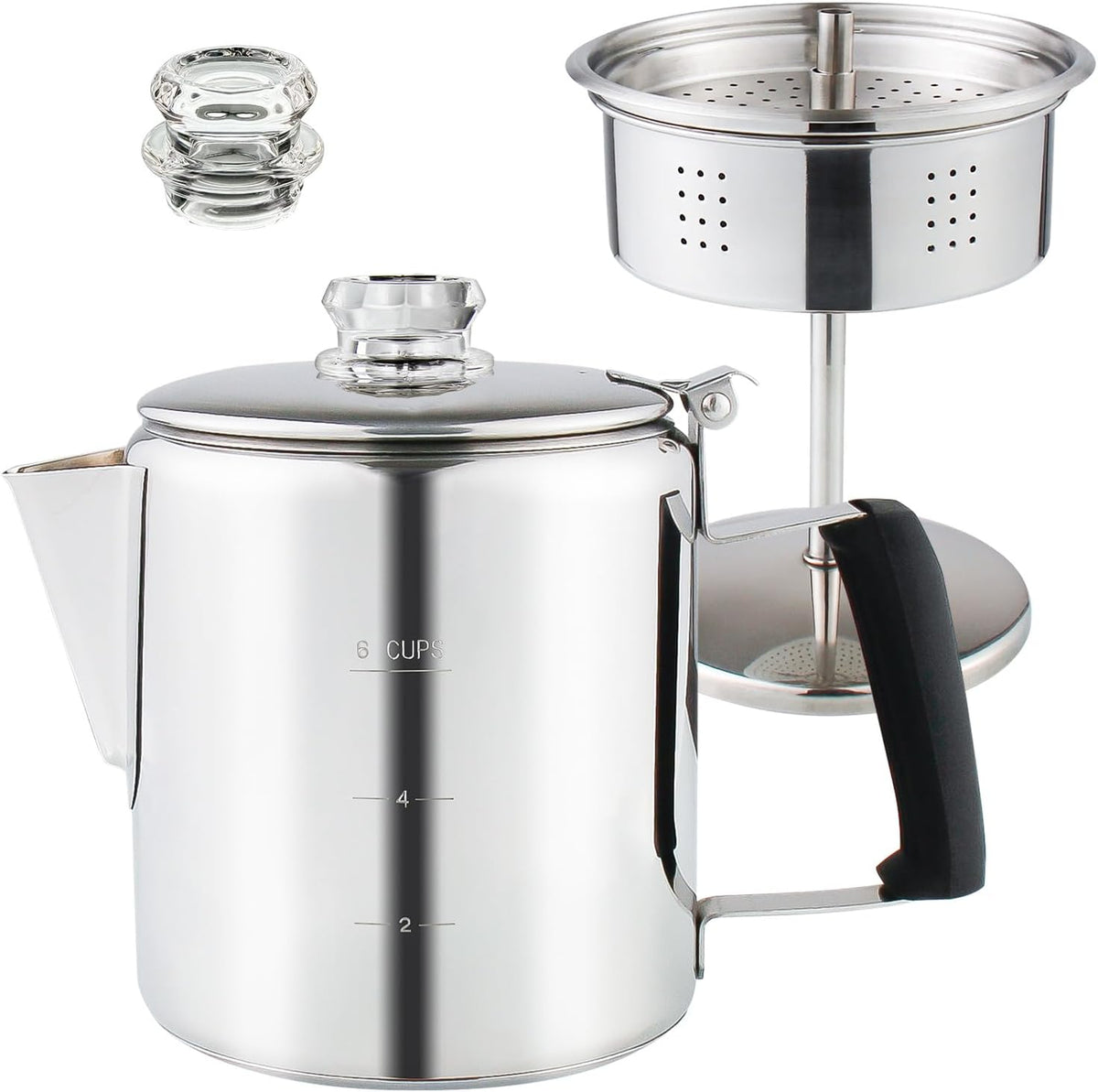 Multi Use Percolator Coffee Pot Stainless Steel Stove Top Coffee Maker with Two Tough Borosilicate Glass Knob Silica Handle Camping Coffee Pot Using on Campfire Stove & Induction Cooker Silver 6 Cup