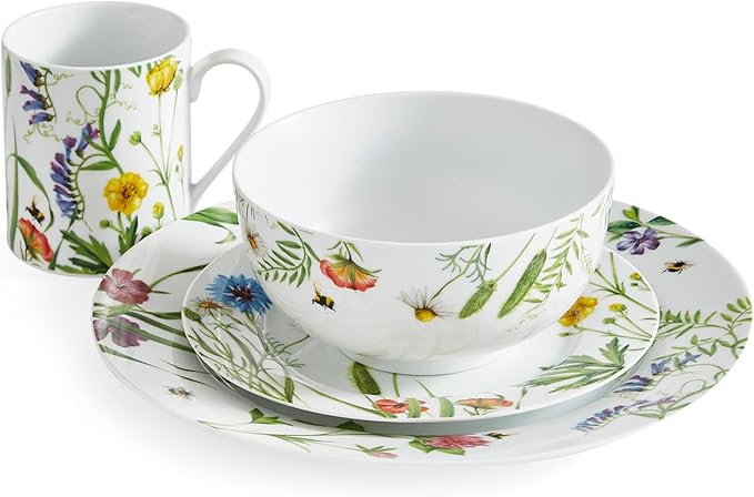 Portmeirion Home Bumble Bee 16 Piece Set - Colorful Wildflower & Bee Pattern, Porcelain Plates, Bowls & Mugs for Breakfast, Lunch or Dinner, Great for Spring Gatherings - Microwave, Dishwasher Safe