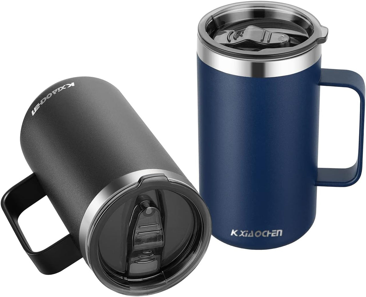 KXIAOCHEN 20oz Insulated Coffee Mug with Lid, Stainless Steel Coffee Cup, Double Wall Vacuum Coffee Tumbler with Handle, Premium Thermal Travel Coffee Mug (Navy Blue Black 2Pack)