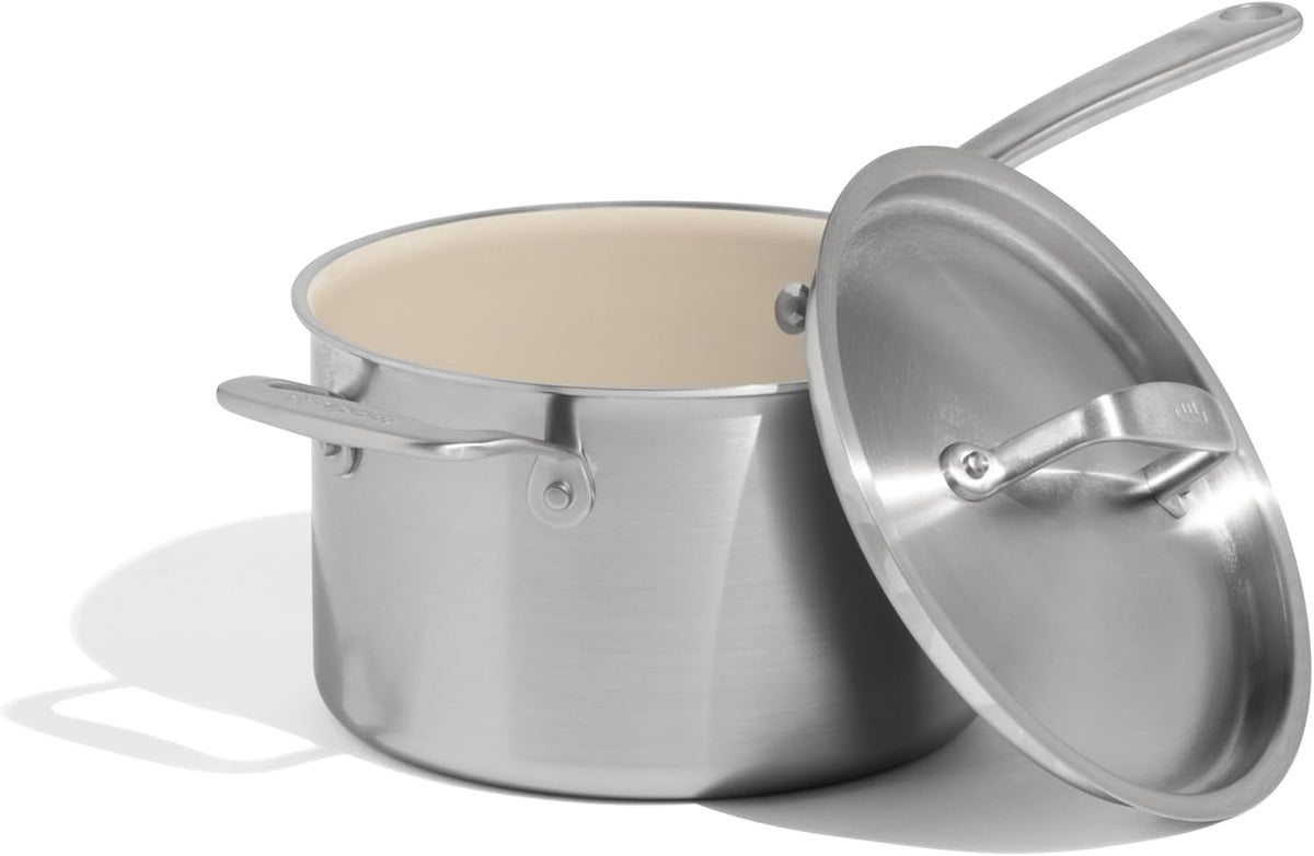 Made In Cookware - 4 QT Ceramic Non Stick Saucepan with Lid - 5-Ply Stainless Clad with Stay-Cool Handle - Professional Cookware - Crafted in Italy - Induction Compatible