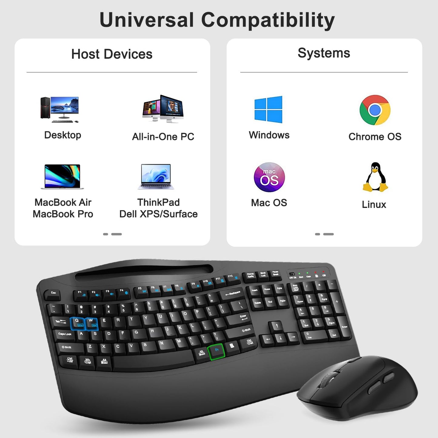 Wireless Keyboard and Mouse Combo, Full Size Ergonomic Wave Keys(Black)