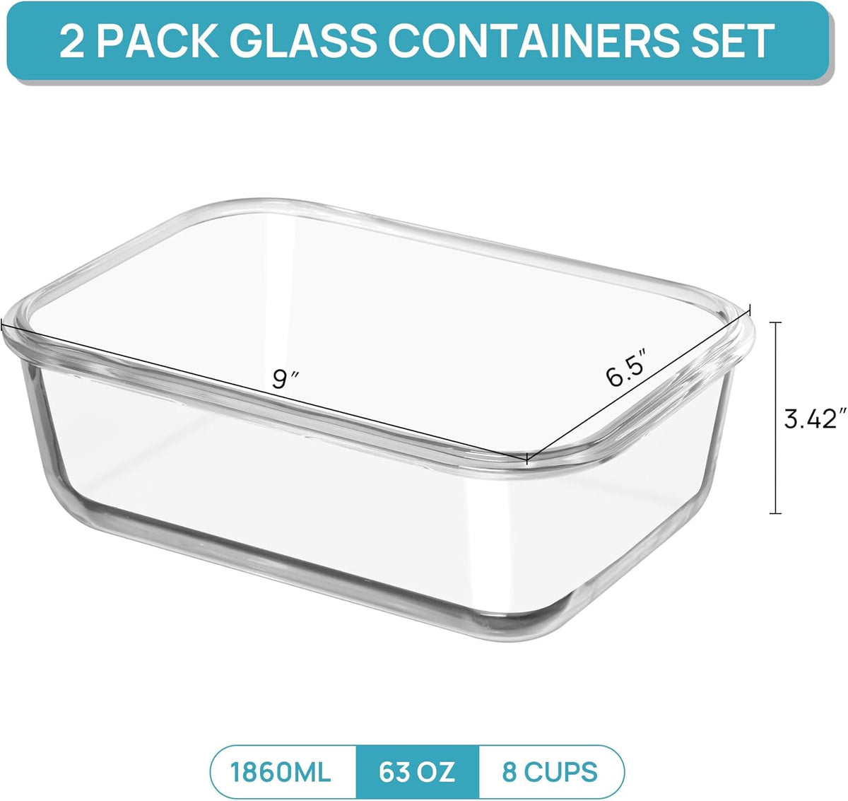 Vtopmart 2Pack 1860ml/ 63oz Large Glass Storage Containers with Lids, Meal Prep Food Container Set with Snap Airtight Lid for Baking, Microwave, Oven, Leak Proof, for Freezer, Dishwasher, Green