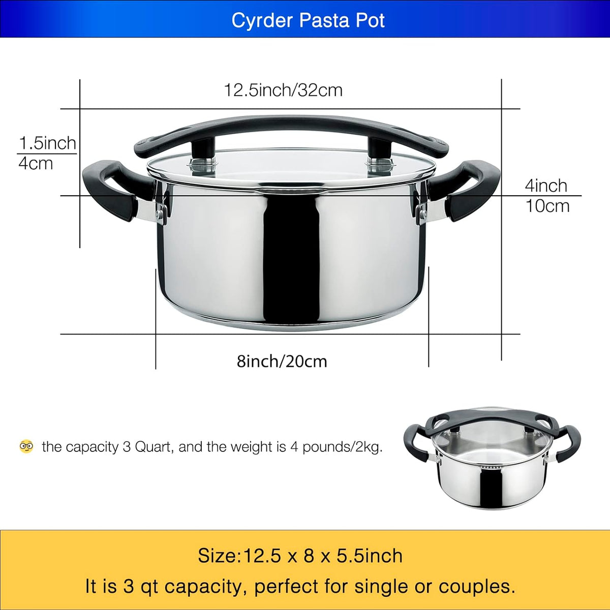 Stainless Steel Pasta Pot- Induction Pasta Pot with Strainer, Easy Stain &Perfect for Single and Couple, Dishwasher Safe, 3 Quart