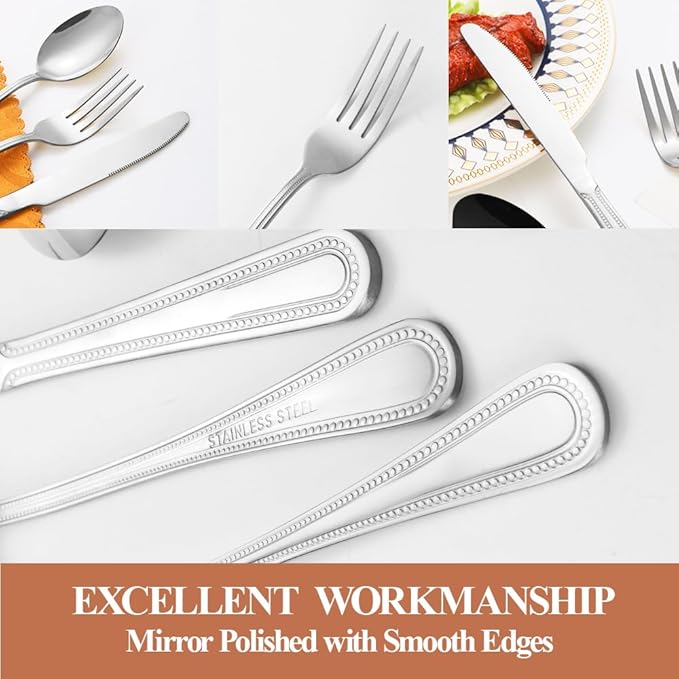 40 Pcs Silverware Set for 8 with Pearled Edge Handle design, Food Grade Stainless Steel Flatware Set, Eating Utensils Sets Include Fork/Knife/Spoon, Reusable Cutlery Set, Dishwasher Safe