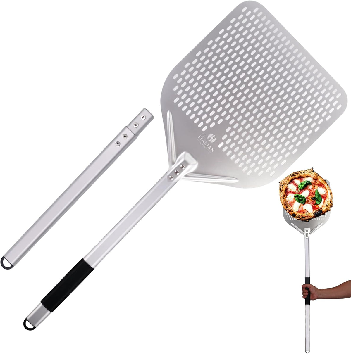 Perforated Pizza Peel 13"W x 16.7"L- Professional Restaurant Grade Large Metal Pizza Peel - 45.7" or 29.7" Long Handle Aluminum Turning Peel - Commercial Pizza Paddle