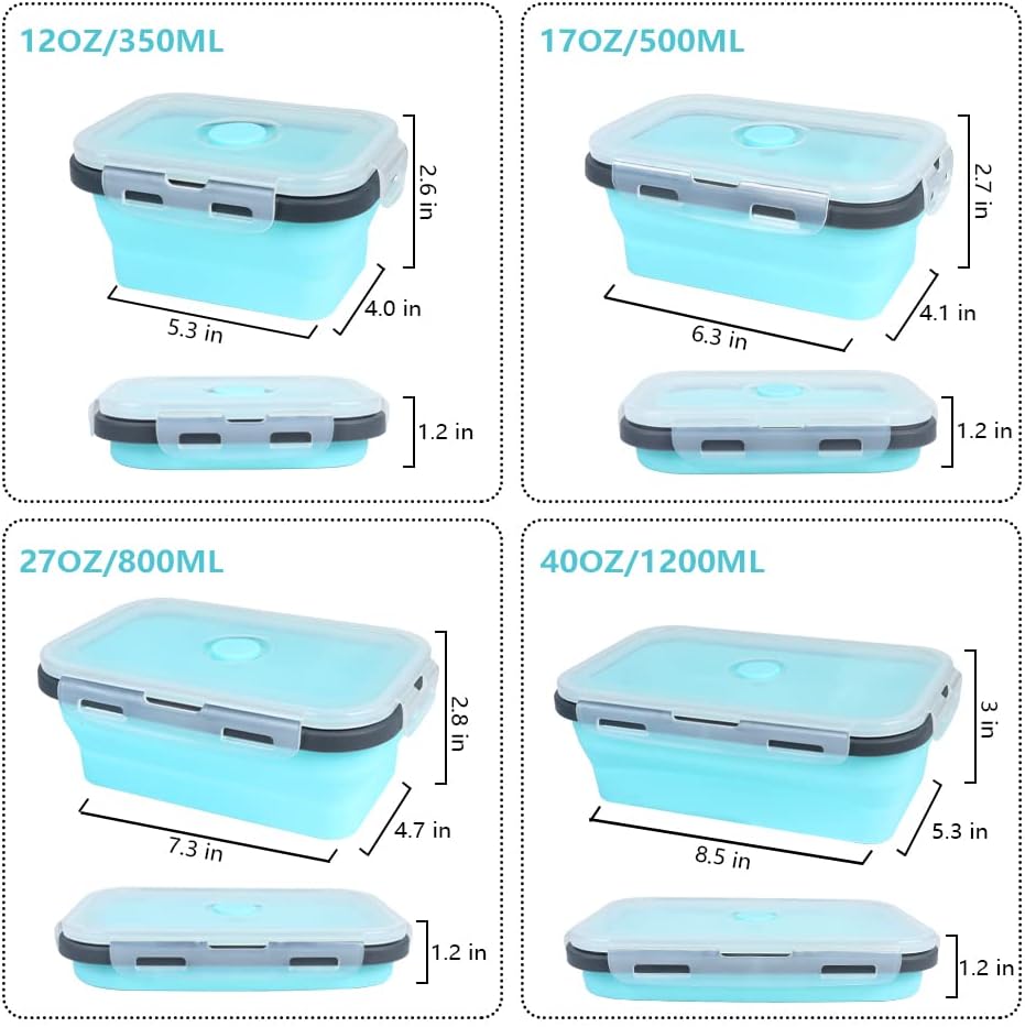 Set of 4 Collapsible Foldable Silicone Food Storage Containers,Ktichen Collapsible Storage Bowls with Airtight Plastic Lids for Leftover, Silicone Lunch Box-Microwave,Dishwasher,Freezer Safe