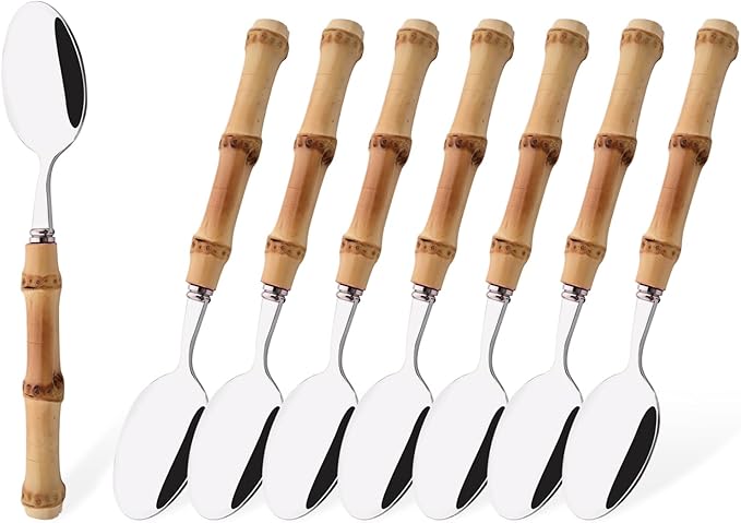 Dessert Spoon Set with Bamboo Handle, 8-Piece Stainless Steel Shiny Silver Dessert Spoon, Natural Bamboo Cutlery, Creative Design Small Spoons for Home Restaurant, 6.65 inch, Handcrafted