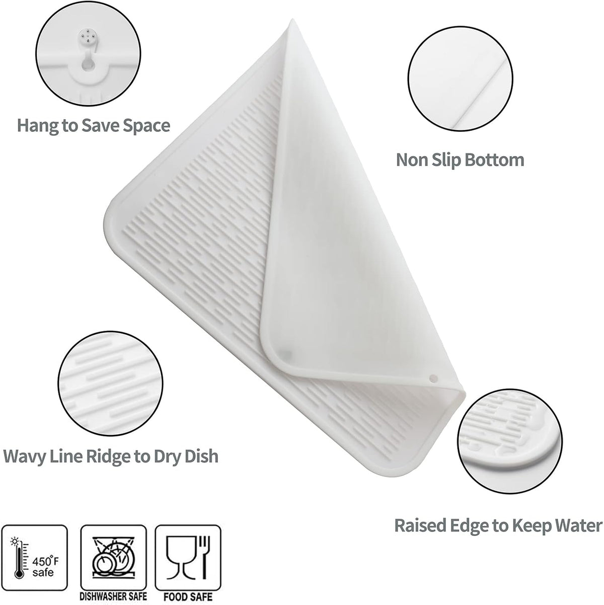 Silicone Dish Drying Mat for Multiple Usage,Easy clean,Eco-friendly,Heat-resistant Silicone Mat for Kitchen Counter or Sink,Refrigerator or Drawer Liner White XL 18 inches x 16 inches