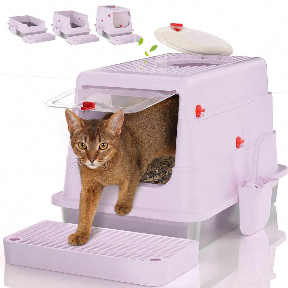 4-in-1 Stainless Steel Cat Litter Box with Flip Lid and High Sides, Lilac