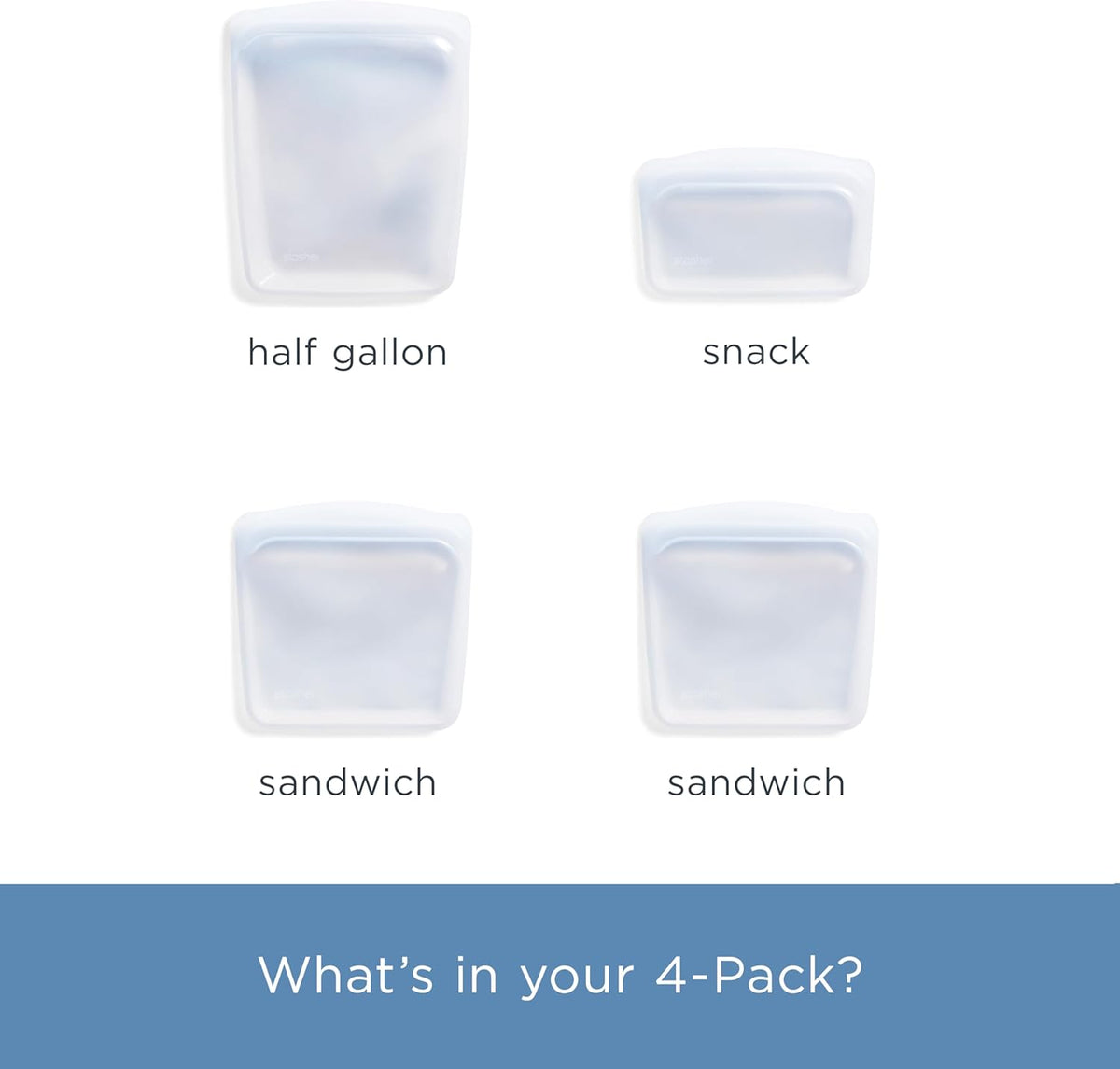 Stasher Premium Silicone Reusable Food Storage Bags, 4-Pack, Clear, Multi-Use Food Storage Bags, Lunch Bag, Travel Containers, BPA Free, Leak-free, Dishwasher-Safe, Eco-friendly