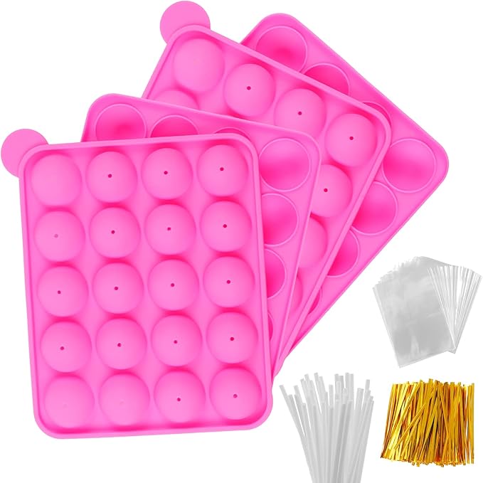 Silicone Cake Pop Mold Set - 2 Pack Lollipop Molds Kit with 40 Cake Pop Sticks, 100 Candy Treat Bags, and 100 Gold Twist Ties, Great For Chocolate Lollipop, Candy, Cake Pops