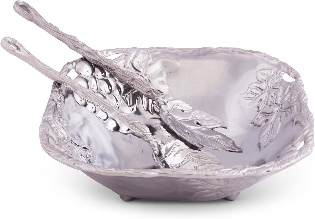 Arthur Court Designs Metal 3-Pc Grape Salad Set Bowl and Server in Grape Pattern Sand Casted in Aluminum with Artisan Quality Hand Polished Design Tarnish-Free 9.5 Inch Diameter