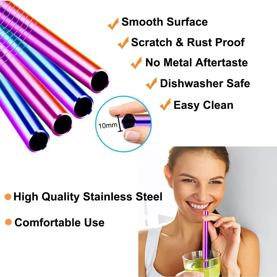 Vinaco Reusable Smoothie Straws, 0.4'' Wide Stainless Steel, 10.5'' & 8.5'' Long, 4 Pack with 1 Cleaner for Milkshake, Smoothie, Bubble Tea