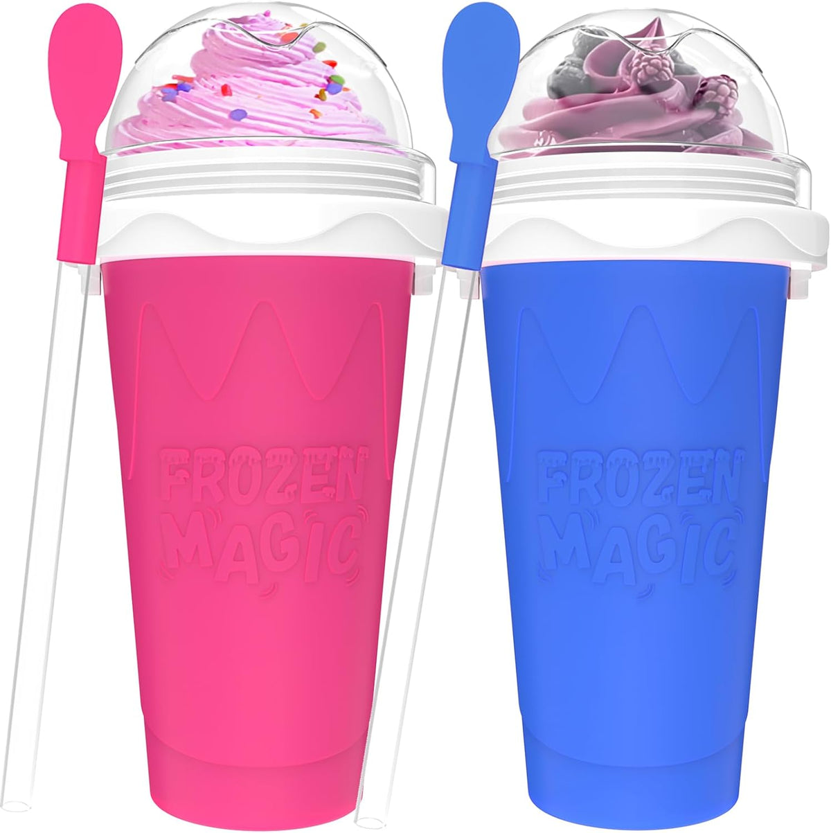 2PCS Slushie Maker Cup, Quick Frozen Magic Cups for Homemade Milk Shake Ice Cream Maker, Double Layer Squeeze Slushy Maker Cup, Birthday Gifts for Kids,Friends,Family (Blue+Pink)