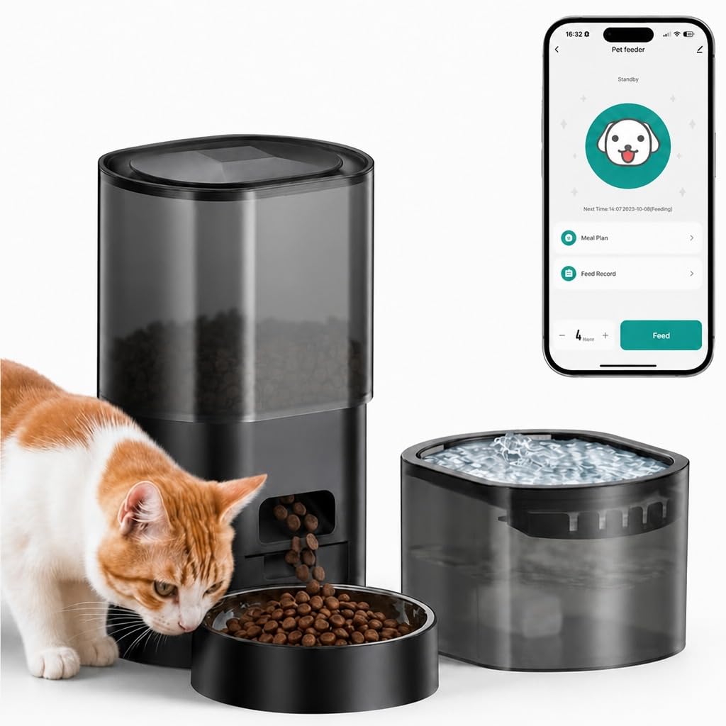 Automatic Cat Feeder and Water Fountain 2-in-1, Smart Timed Cat Food Dispenser with 2.4G WiFi APP Control, Automatic Dog Feeder and Water Dispenser with 10s Voice Recorder for Cats Small Dogs
