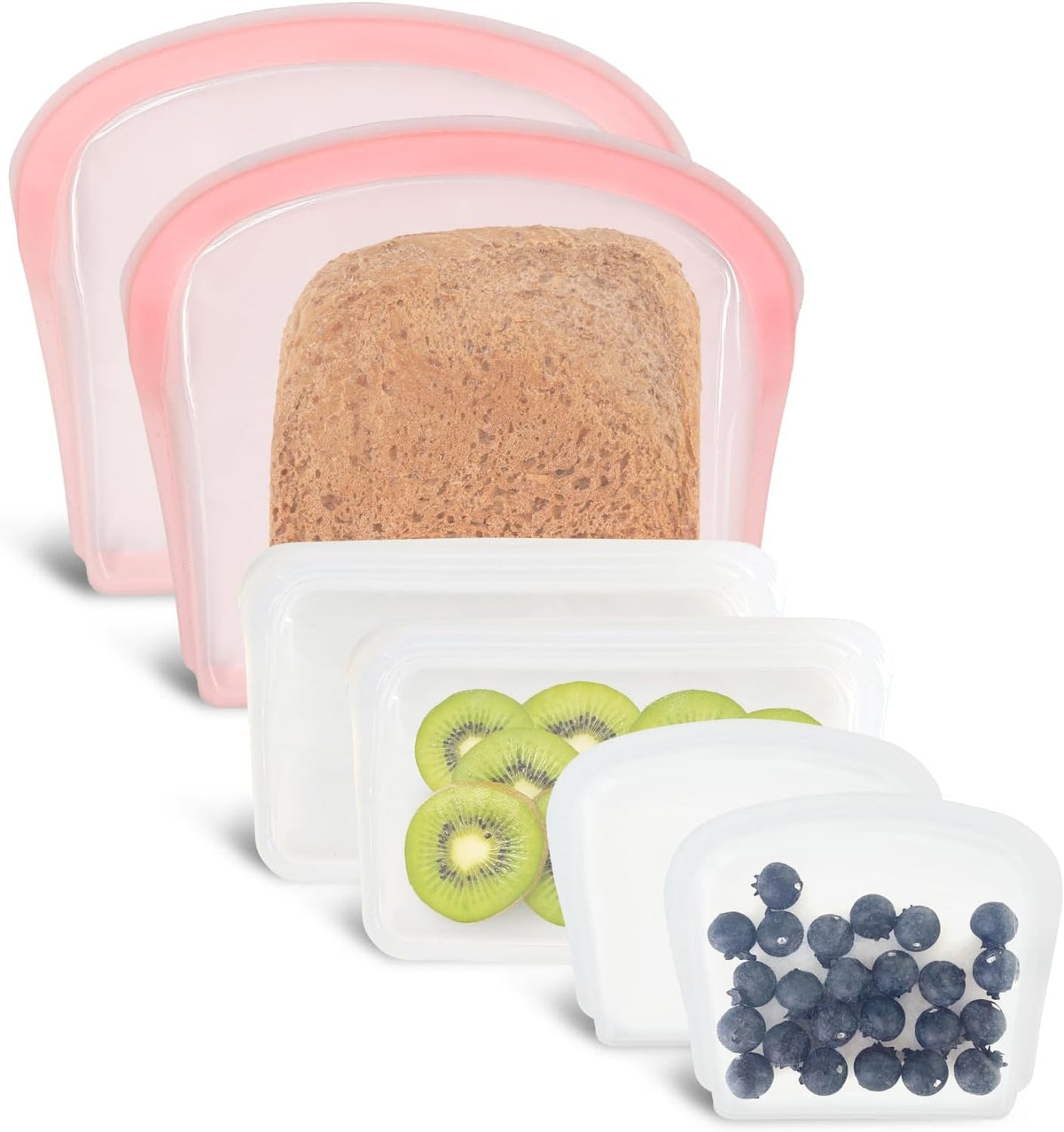 Reusable Silicone Storage Bag, 6 Packs Pocket, Snack, and Sandwich Bag, Endurables Seal-Top Silicone Bags for Food Storage, Freezer, Microwave, Oven, Dishwasher Safe (Clear & Rose Quartz)