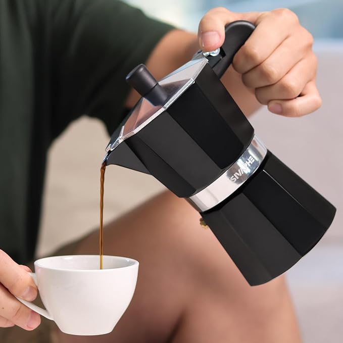 Sivaphe Aluminum Moka Pot 6 Espresso Cups, Percolator Espresso and Coffee Maker, Portable Stovetop Italian and Cuban Café Brewer for Home and Camping Black