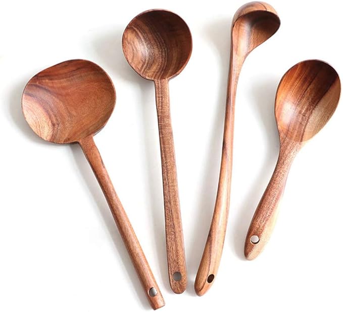 FJNATINH Wooden Soup Ladle Set, Kitchen Spoon Set Utensils, 4 Pcs Handmade Natural Teak Cooking Spoons, Long Handle Wooden Soup Ladle Spoon