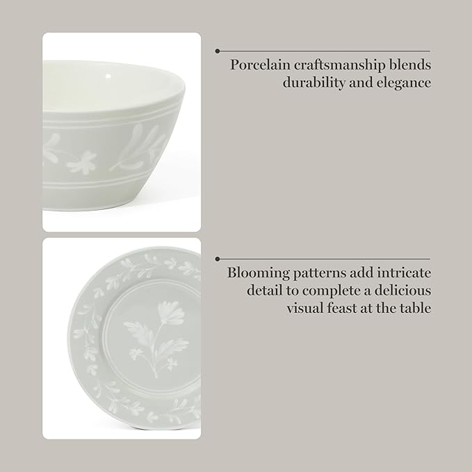 Martha Stewart Maiden Crown 12-Piece Sage Green Dinnerware Set – Vegan Bone China Ceramic Plates & Bowls – Floral Design – Service for 4 – Microwave & Dishwasher Safe