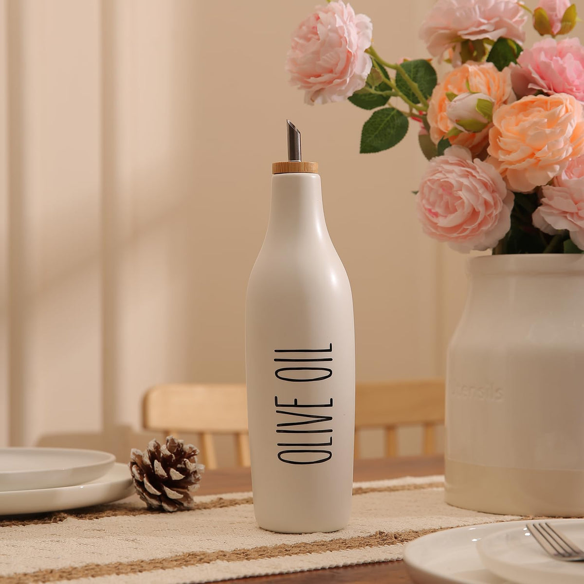 HOMCDALY Ceramic Olive Oil Dispenser for Kitchen, Stoneware 16oz Oil Cruet and Vinegar Bottles Dispenser, Kitchen Dispenser Bottle for EVOO Vinegar Syrups, Modern Farmhouse Design(W-O)