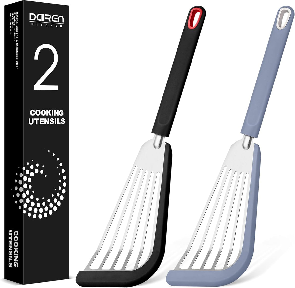 Silicone Fish Spatula Turner Set of 2, Thin Slotted Spatulas Turner for Nonstick Cookware,Heat Resistant Flexible Stainless Steel Kitchen Cooking Spatula Flipper for Fish, Egg, Pancake (BG)