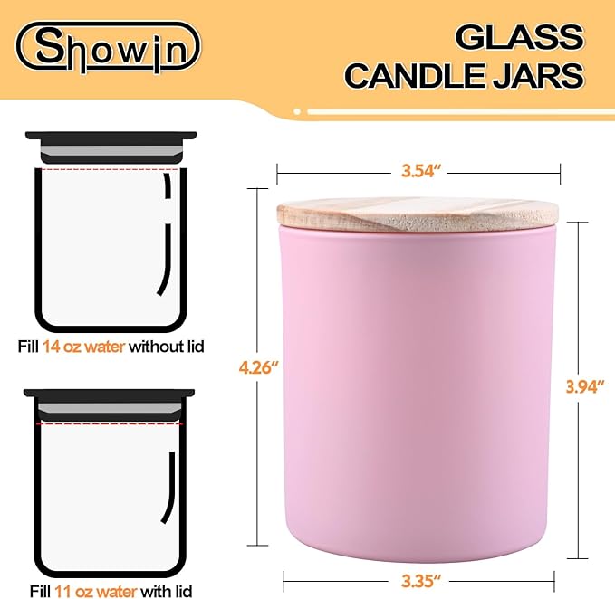 SHOWIN 14 OZ Thick Candle Jars for Making Candles 12 Pcs, 3 Wick Empty Jars with Wood Lids for Candle Making, Sample Container, Matte Pink