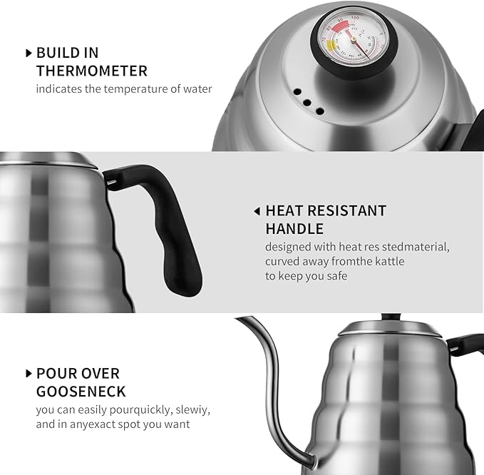 Pour Over Coffee Maker Set – 40oz Gooseneck Kettle with Thermometer, Coffee Grinder & 20oz Drip Coffee Maker – Stainless Steel Pour Over Coffee Set
