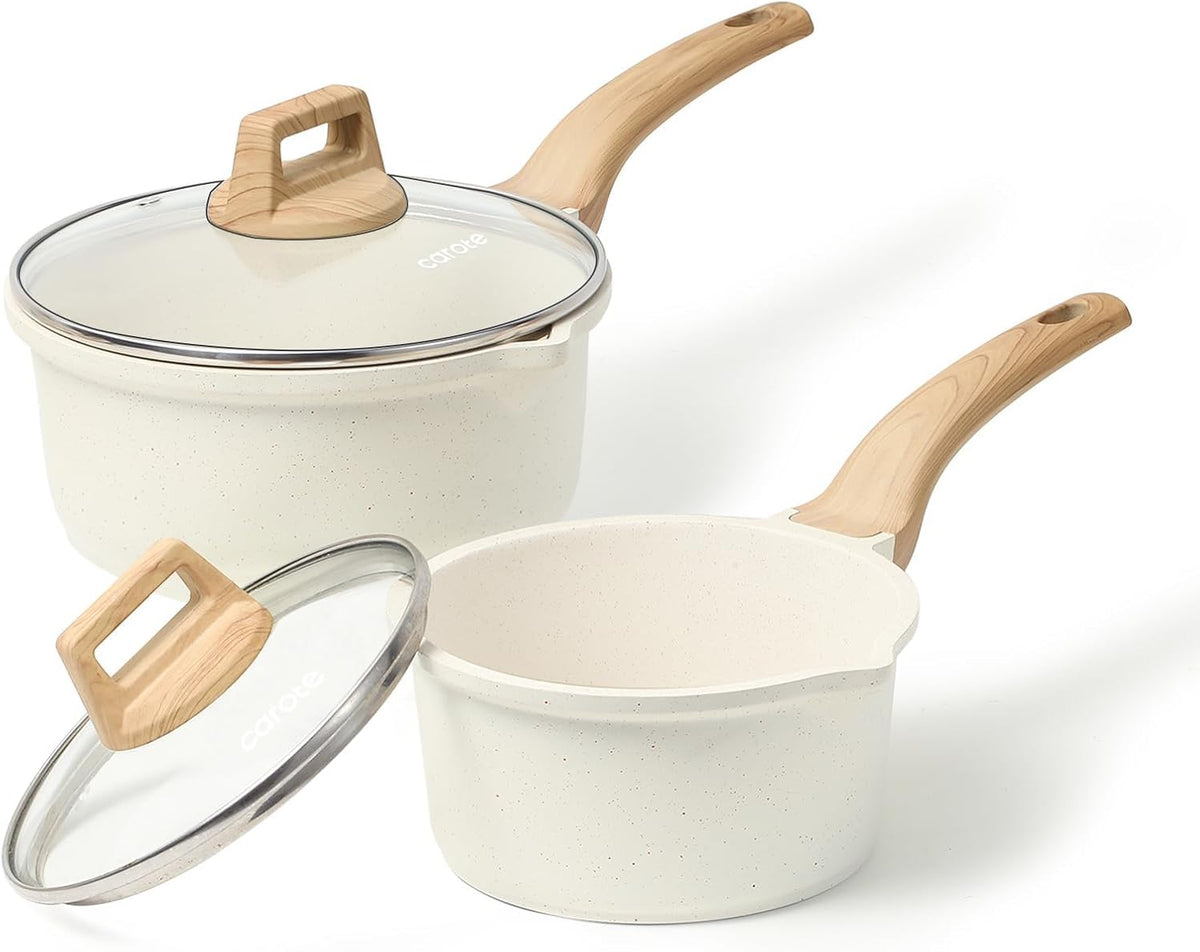 CAROTE 1.5Qt & 3.0Qt Sauce Pan Set with Lid Nonstick Saucepan 4 Pcs Non Stick Sauce Pots Cooking Pot with Pour Spout, Easy to Clean, Small Kitchen Pots Induction Pot, PFOA FREE (White Granite)