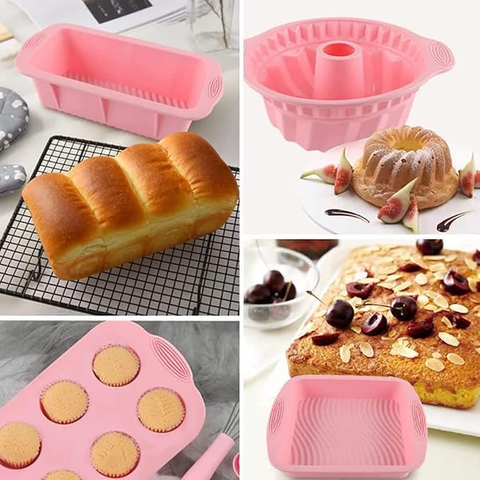 Acidea Nonstick Silicone Bakeware Set, 7pcs Baking Cake Pan, Economical BPA Free Heat Resistant Bakeware Suppliers Tools Kit with Silicone Brush for DIY Loaf Bread Cheesecake Pizza Cupcake Muffin