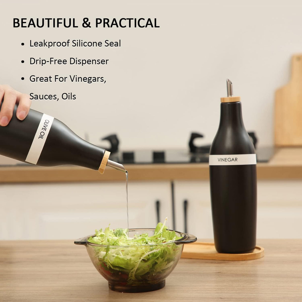 HOMCDALY Olive Oil and Vinegar Dispenser Set, Two 16oz Ceramic Oil Dispenser for Kitchen, Kitchen Dispenser Bottle for EVOO Vinegar Syrups, Modern Farmhouse Design| Set of 2 – Black