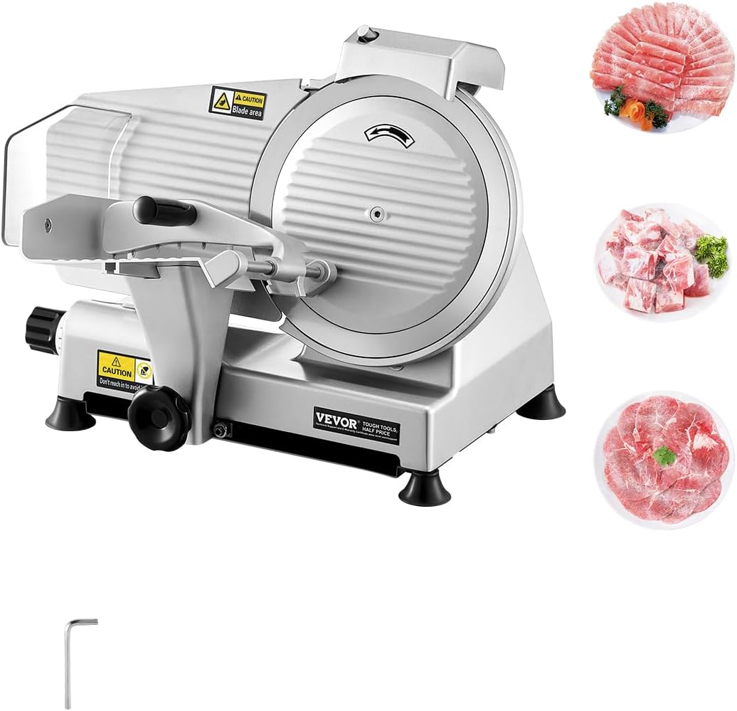 VEVOR Commercial Meat Slicer, 10 inch Electric Deli Food Slicer, 180W Meat Cutter with a Premium 65Mn Blade, 0-0.4 inch Adjustable Thickness, Food Slicer Machine for Meat Vegetables Hard Bread Cheese