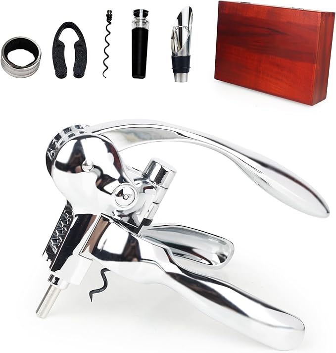 Rabbit Wine Opener Set, Premium 6-Piece Corkscrew Kit with Wooden Gift Box, Includes Foil Cutter, Wine Stopper & Accessories, Easy Cork Removal, Perfect for Wine Lovers (Vintage Silver)