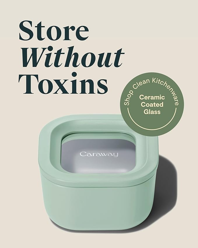 Caraway 2pc Glass Food Storage Set - 1.75 Cup Food Containers (2) - Non-Toxic Ceramic-Coated Glass - Air Release Technology - Compact & Stackable Design - Mist
