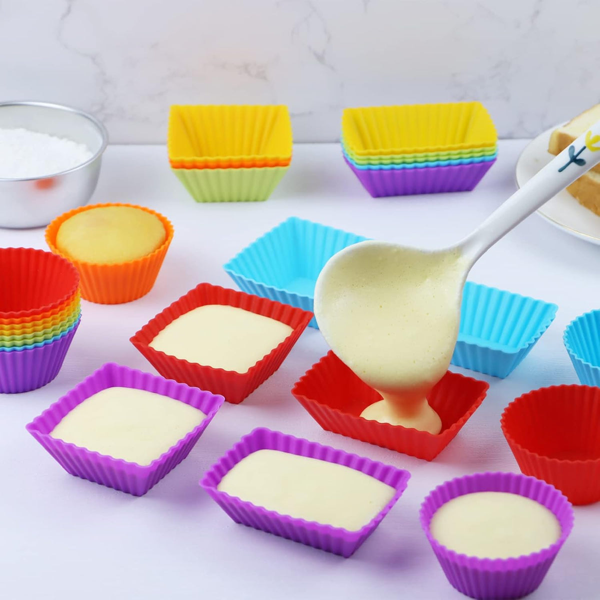 24-Pack Silicone Cupcake Liners, Reusable Muffin Cups – Round, Square & Rectangle Baking Cups, Non-Stick, Easy to Clean, Bento Box Accessories, Lunch Box Dividers for Kids(24 Liners + 20 Animal Picks)