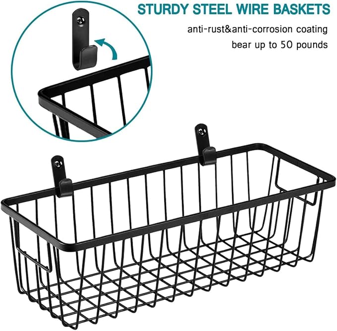 SheeChung Hanging Wall Wire Baskets - Small, 3 Pack - Portable Metal Wall Mount Basket, Farmhouse Rustic Home Food Storage Organizer for Cabinets, Pantry, Closets, Bathroom, Kitchen, Bedroom (Black)