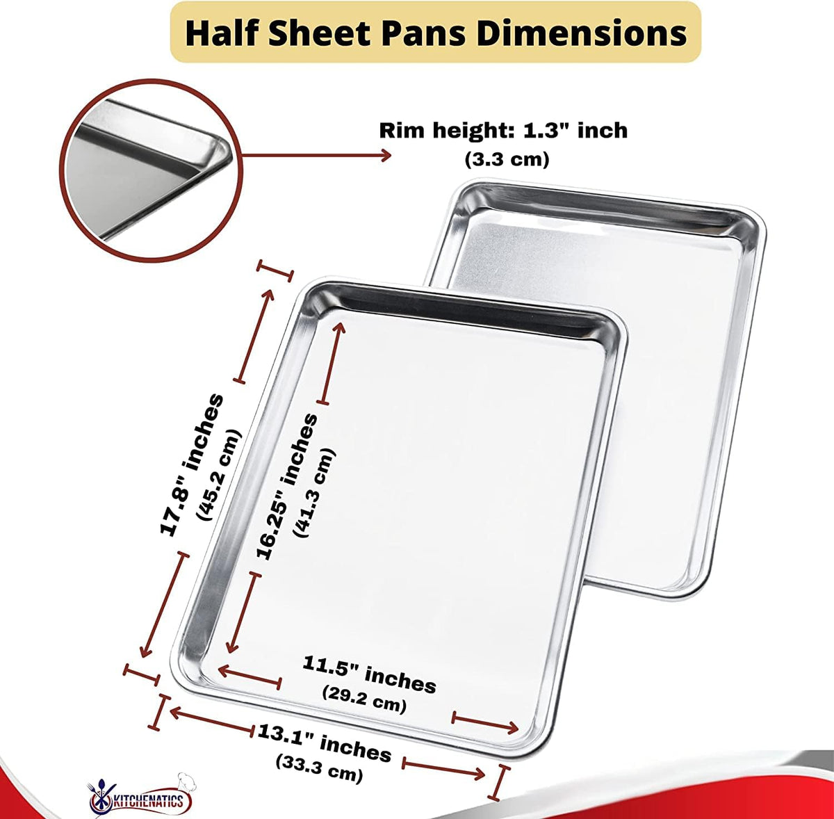 KITCHENATICS Premium Quality Half Sheet Size Baking Pans, Nonstick Cookie Sheets for Baking, Oven Safe Baking Sheet Pans, Heavy Duty 1/2 Commercial Baking Sheets for Oven - 13.1" x 17.9" IN, Set of 2