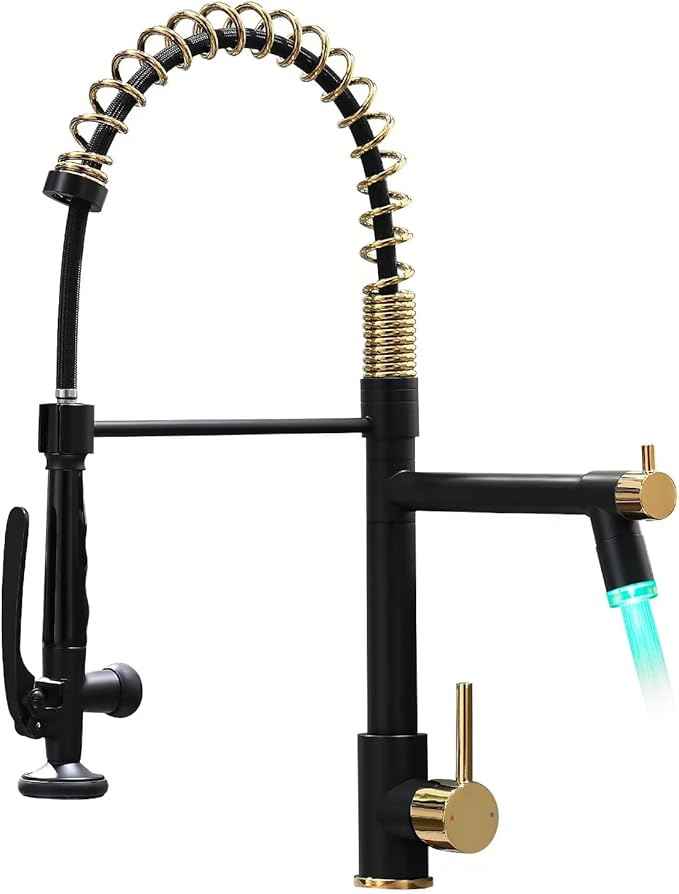 Fapully LED Kitchen Faucet with Pull Down Sprayer,Black&Gold Commercial Kitchen Faucet for Kitchen Sink