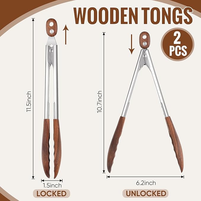 Baderke 2 Pcs Walnut Wooden Kitchen Tongs for Cooking Wooden Utensil Set Salad Tongs with Wood Tips for Serving Salad Flipping Burgers Grilling and Much More, Set of 2, 11.4 Inch