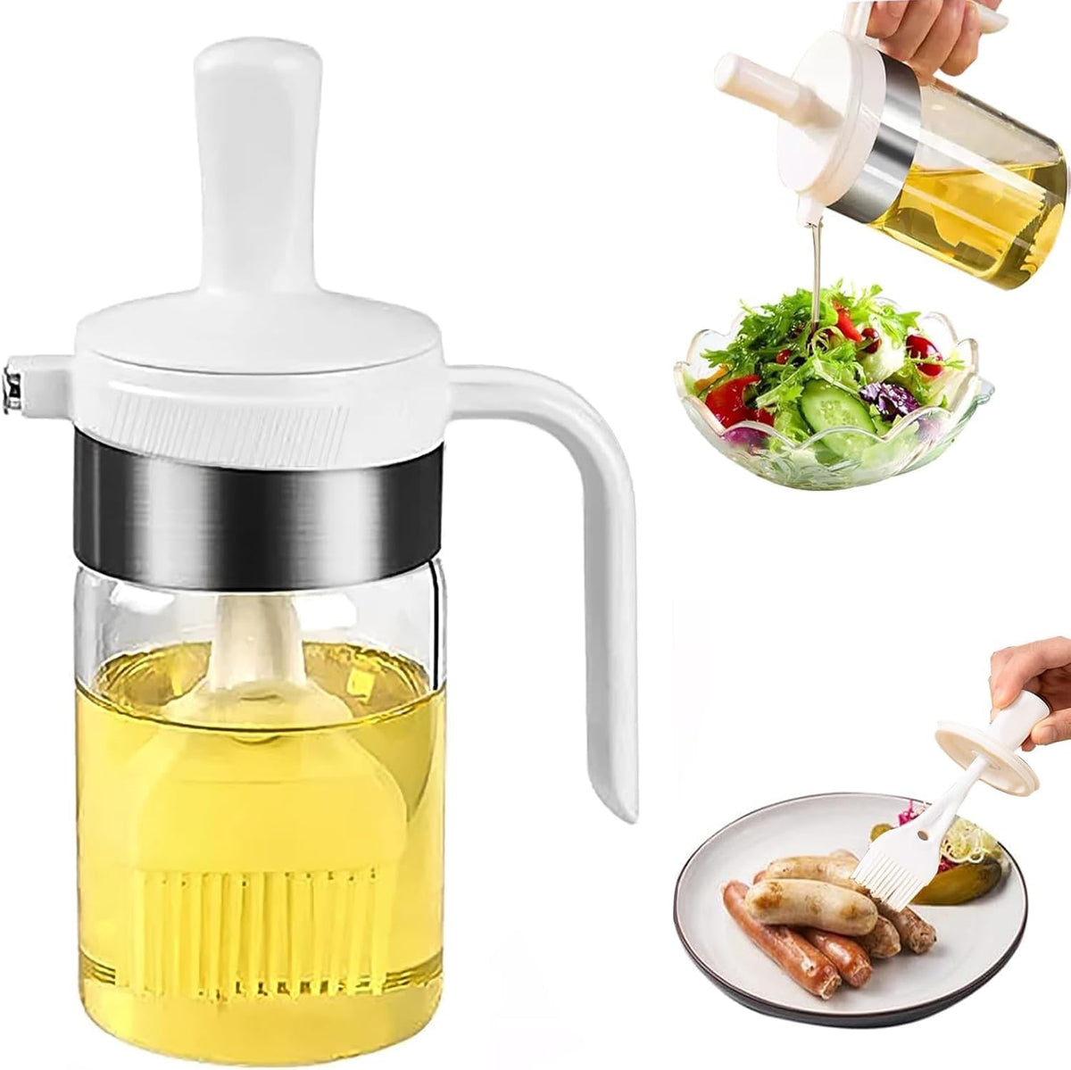 Olive Oil Dispenser Bottle with Brush- 2 in 1 Oil Dispenser & Silicone Brush for Kitchen Cooking Vinegar Sauce BBQ Salad Grill Frying- 200ml/7oz, White