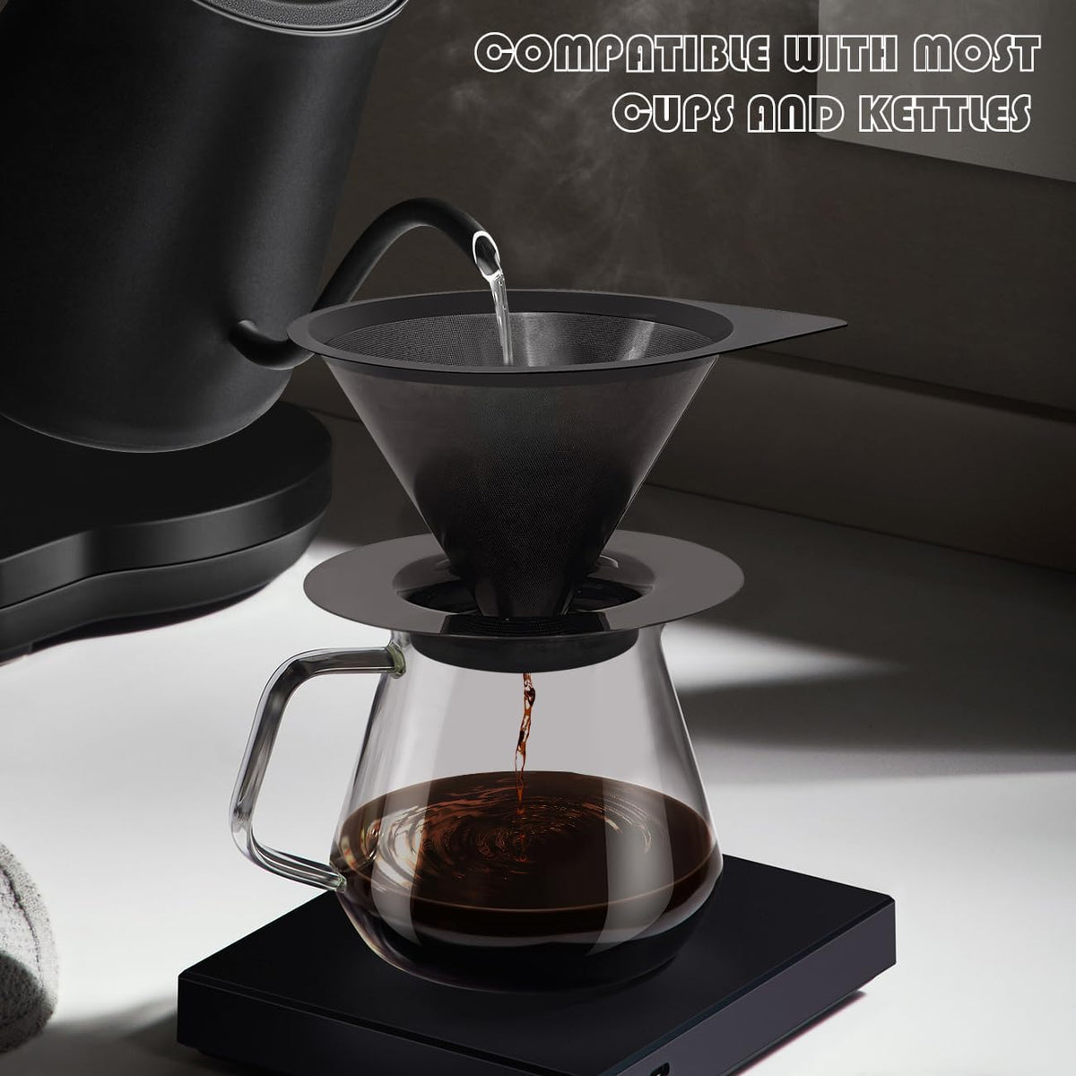 LHS Pour Over Coffee Dripper Reusable Coffee Filter Paperless Coffee Filter Stainless Steel Pour Over Coffee Maker Cone Coffee Dripper for 1-2 Cup,Black