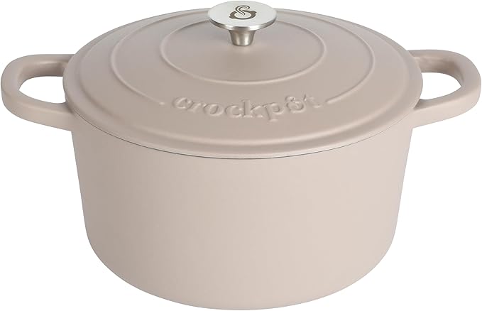 Crock Pot Artisan 7-Quart European Enameled Round Cast Iron Dutch Oven Pot With Lid - Matte Dusty Pink