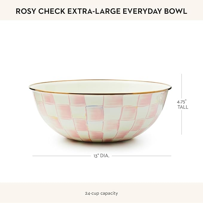 MACKENZIE-CHILDS Enamel Everyday Bowl, Serving Bowl for Entertaining, Extra-Large, Pink-and-White Rosy Check, Set of 1