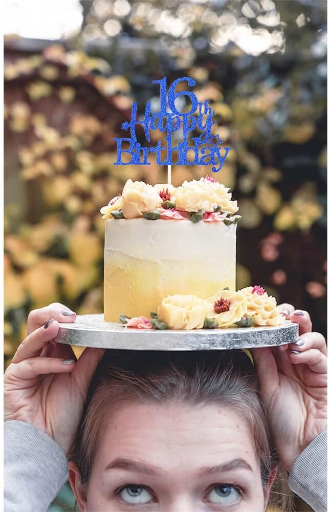 Glittery 16th Cake Topper with Star Boys and Girls 16th Birthday Party Supplies, Sixteen Years Old Birthday Party Decorations Royal Blue