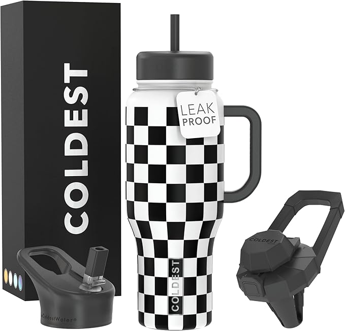 Coldest Tumbler with Handle and Straw, 100% Leak Proof Insulated Tumbler with Lid and Straw (3 Lids), Stainless Steel Tumblers for Women & Men, Cup Holder Friendly, 36 oz (Black Checkers)