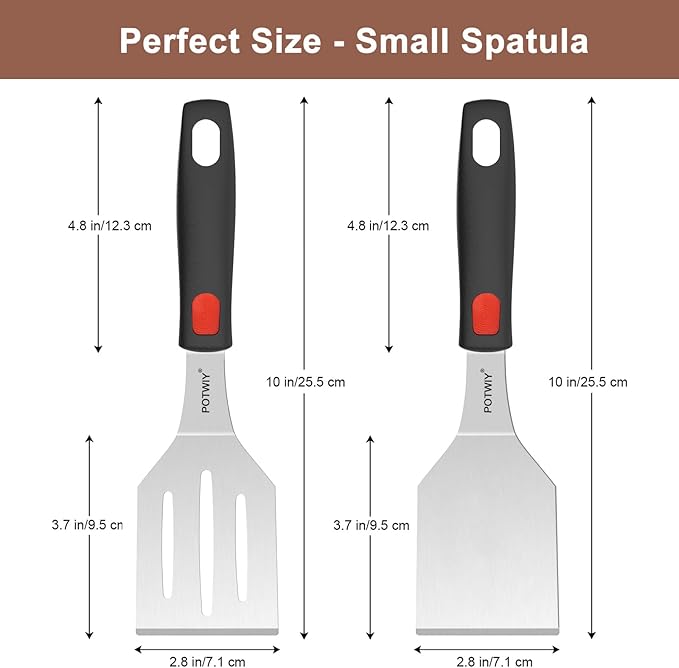 Stainless Steel Spatula Set, 2 Pack Small Metal Spatulas for Kitchen Use, Solid and Slotted Turner with Silicone Handle, Spatula for Cast Iron Skillet Cooking, Cookie and Brownie Serving