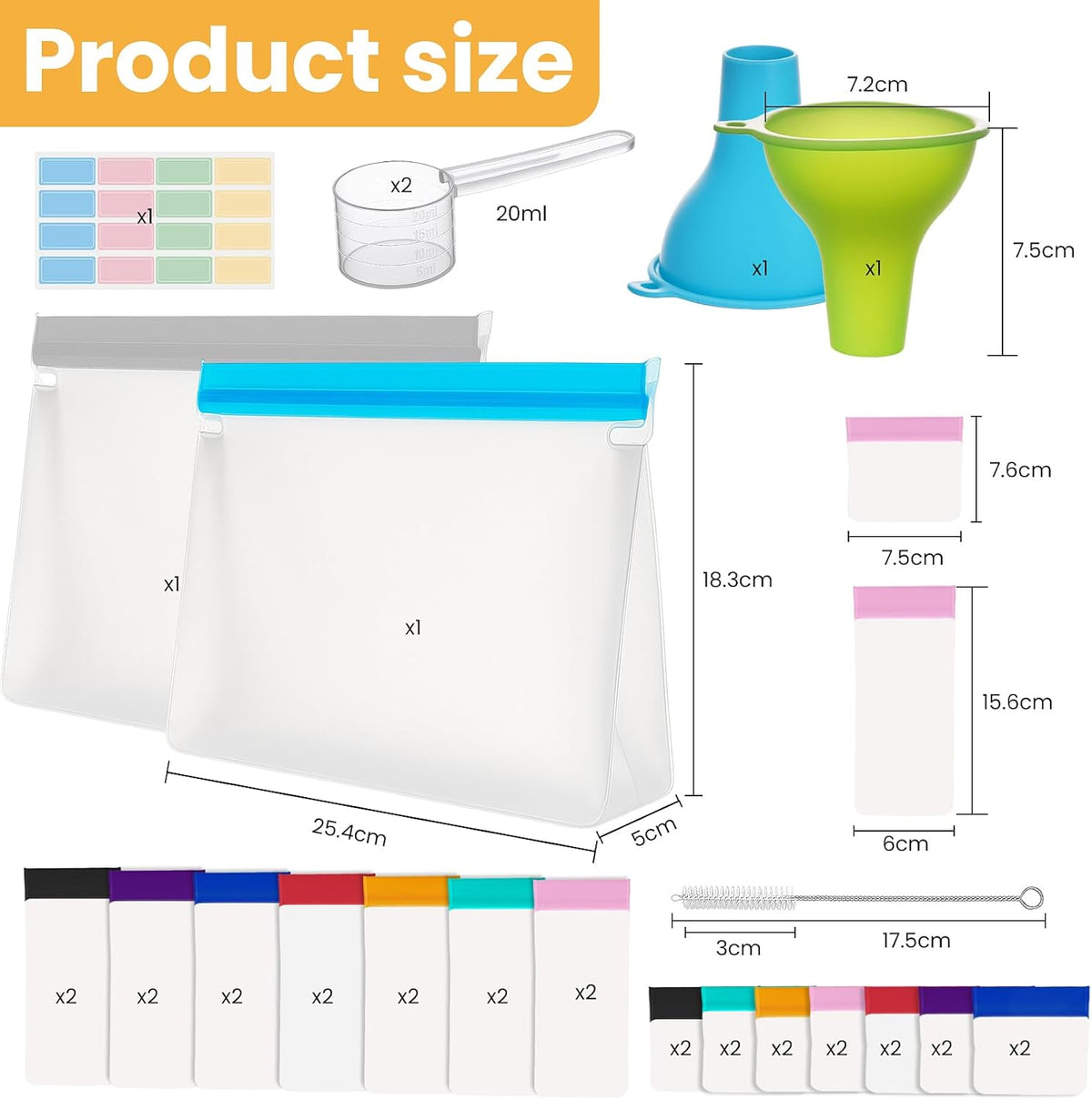 Protein Powder Travel Kit - 14 Single/Double Dose Pouches + 2 Large Storage Bags and 14 Pill Pouch Bags with Funnels, Scoops & Labels, TSA-Compliant Supplement Organizer